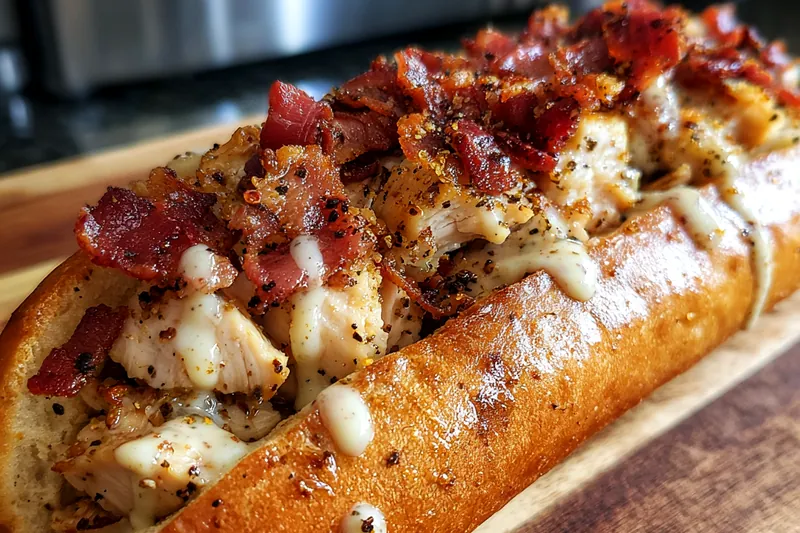 Cooking process of Savory Chicken Bacon Ranch Sub, showing chicken being sautéed with bacon.