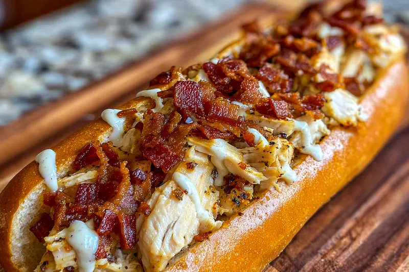 An array of fresh ingredients for Savory Chicken Bacon Ranch Sub including chicken, bacon, and vegetables.
