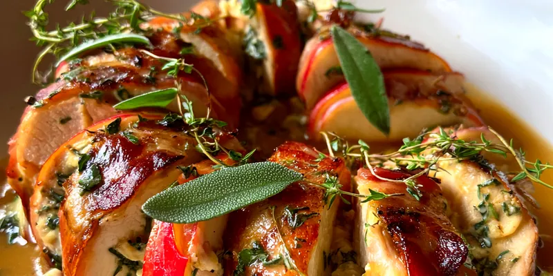 A beautifully plated dish of Savory Cider Chicken Delight, garnished with fresh herbs and served with sides.