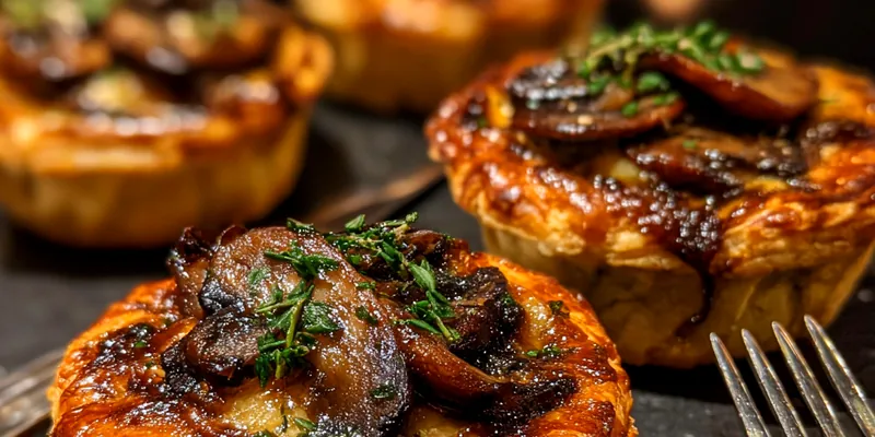 Golden brown Savory Mini Mushroom Pies displayed on a rustic wooden table with fresh herbs garnishing the plate.