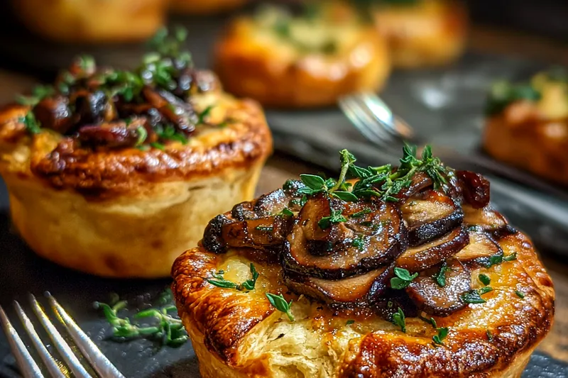 Fresh ingredients ready for Savory Mini Mushroom Pies including mushrooms, onions, and herbs arranged on a cutting board.