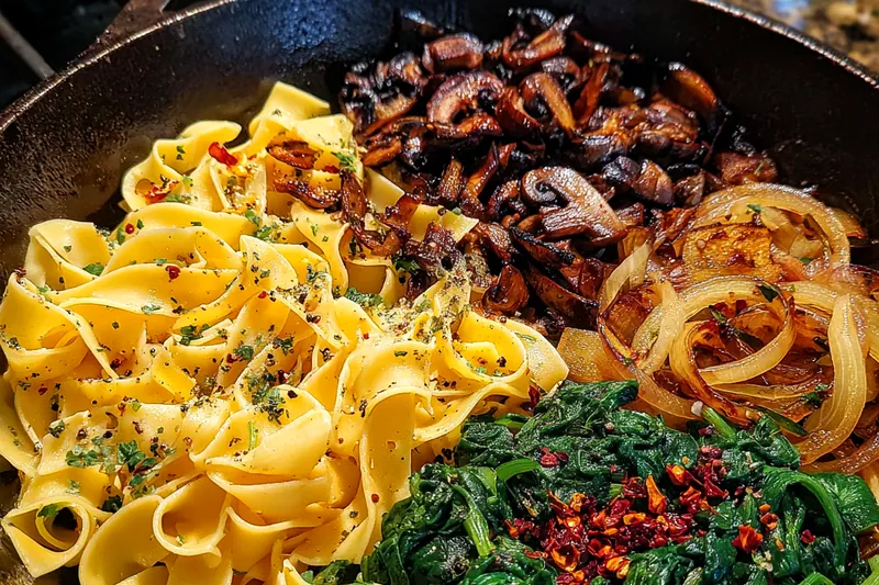 Fresh ingredients for Savory Mushroom Spinach Pasta