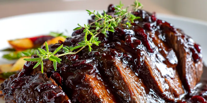 Delicious slow-braised beef roast with cranberry balsamic glaze.