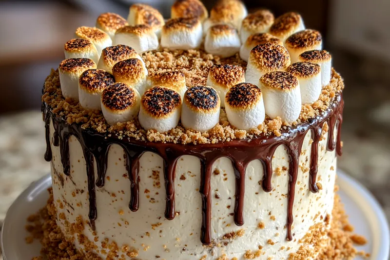 Chef Mitchell pouring chocolate ganache over the assembled Decadent S'mores Cake, showcasing the rich, glossy finish.