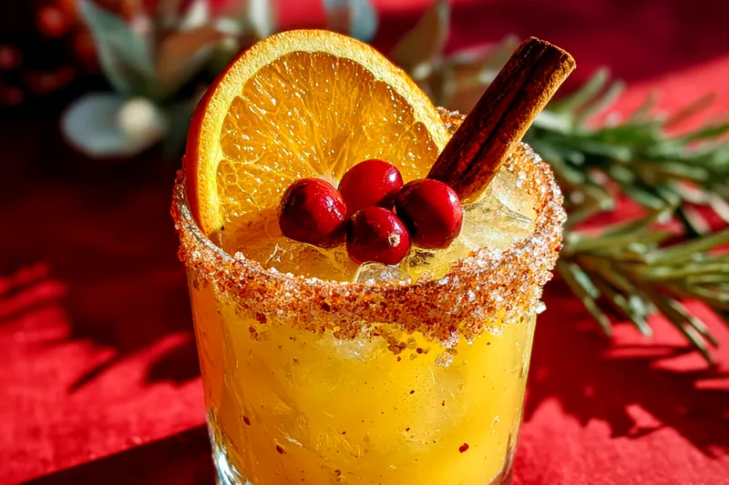 A colorful arrangement of ingredients for Festive Spiced Margarita including tequila, lime, and spices.