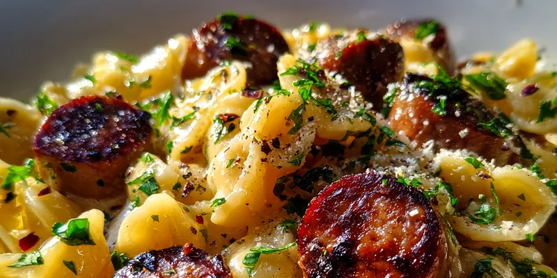 Delicious Spicy Sausage Alfredo served on a plate