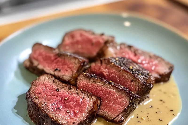 A chef expertly searing Bold Bourbon Garlic Steak in a hot skillet, showcasing the delicious caramelization.