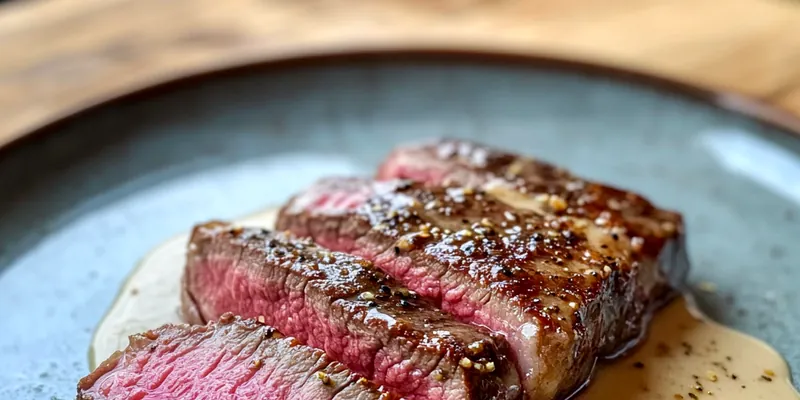 A beautifully plated Bold Bourbon Garlic Steak garnished with fresh thyme, served with mashed potatoes and steamed vegetables.