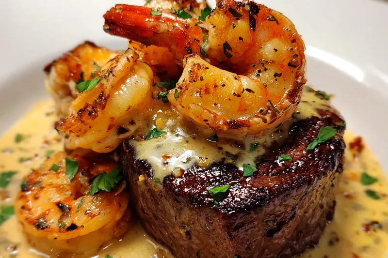 Fresh ingredients for Steak with Shrimp Sauce Delight