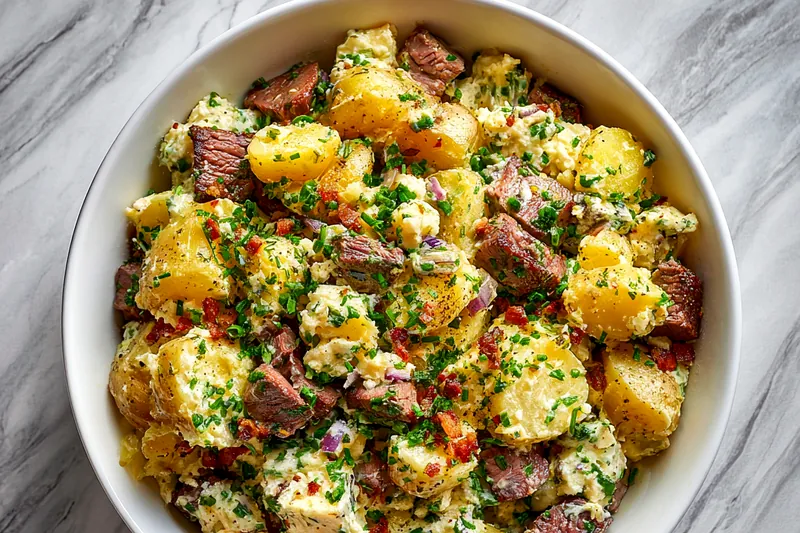 Various ingredients for Loaded Steakhouse Potato Salad arranged neatly