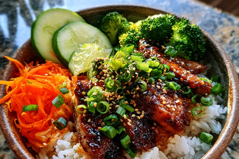 An array of fresh ingredients for Delicious Sticky Chicken Bowl laid out on a wooden table.