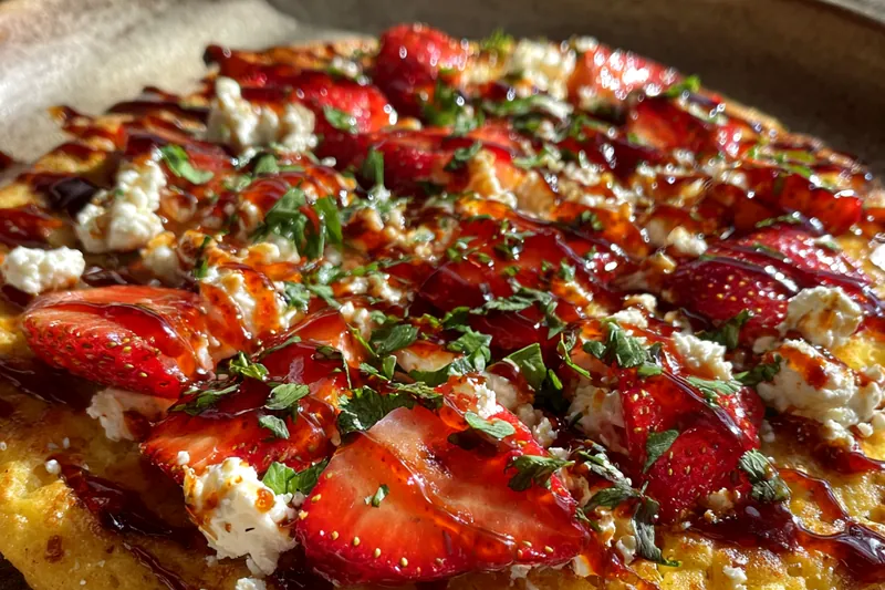 Fresh ingredients for Strawberry Balsamic Cheese Flatbread