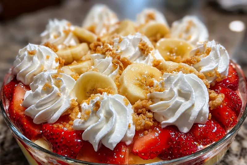 Fresh strawberries and bananas displayed with whipped cream and granola for Delicious Strawberry Banana Delight.