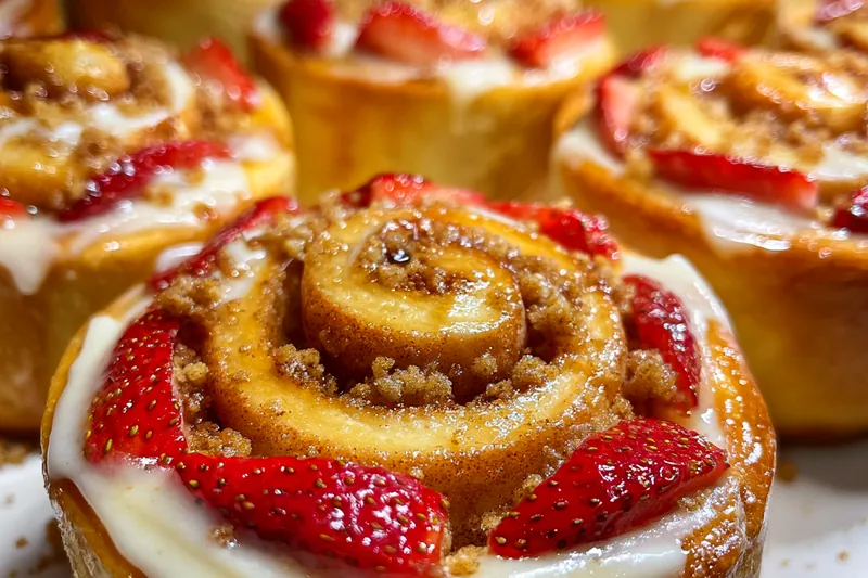 A vibrant display of ingredients for Delicious Strawberry Cinnabon Rolls including fresh strawberries, flour, and sugar.