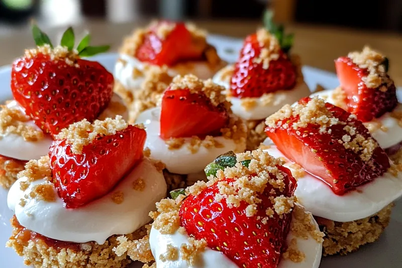 A close-up of the cooking process of Delicious Strawberry Cheesecake Bites, showcasing the creamy filling and fresh strawberries being mixed.