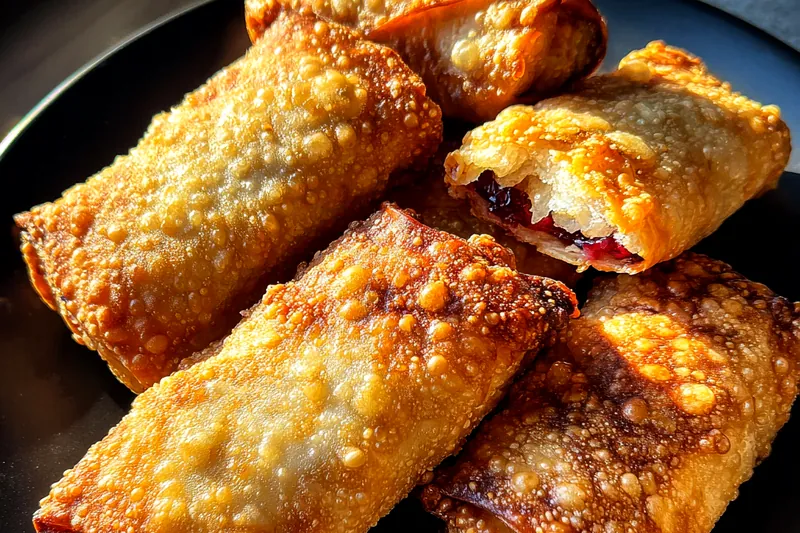 A vibrant display of fresh strawberries, cream cheese, powdered sugar, and crescent roll dough arranged on a wooden kitchen table.