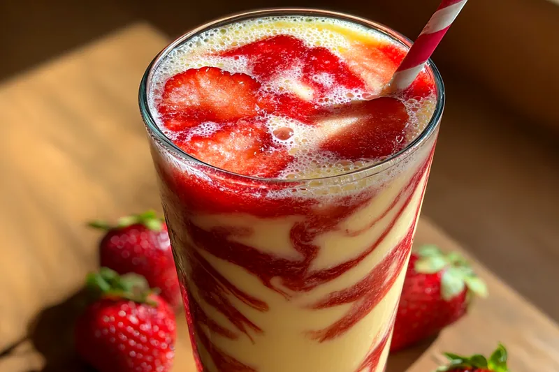 Array of fresh ingredients including strawberries, banana, coconut milk, and pineapple for the Fruity Strawberry Colada Smoothie.