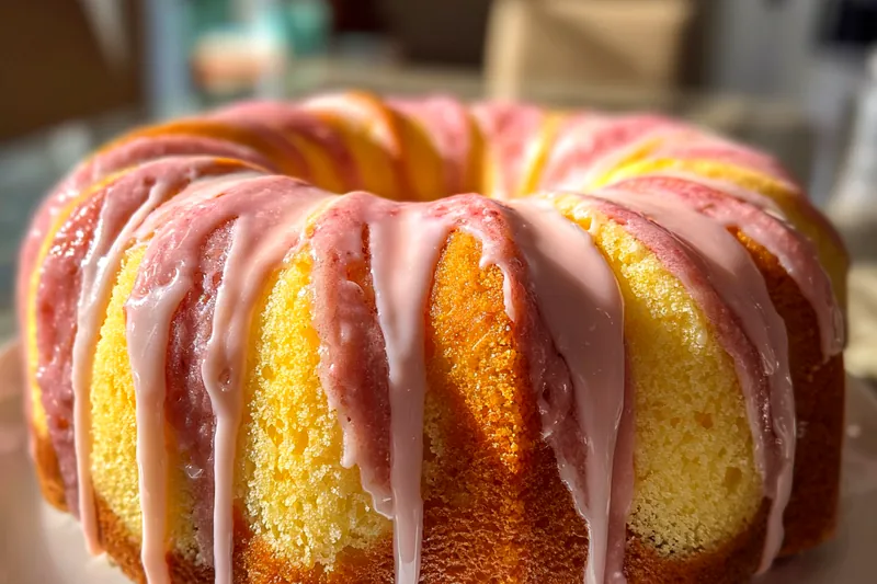 The process of mixing the batter for Strawberry Vanilla Swirl Cake, showing a creamy texture.