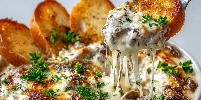 Delicious stuffed mushroom dip served in a bowl with crackers