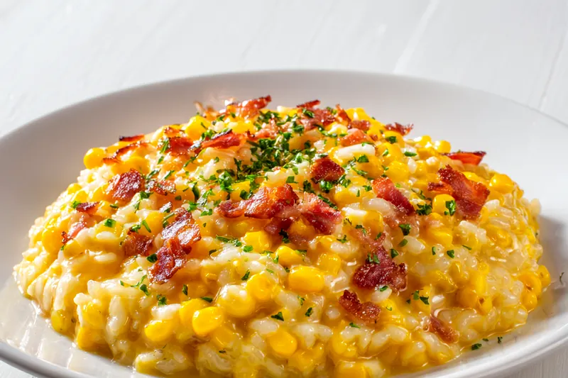 Cooking process of Sweet Corn Risotto with crispy pancetta in a skillet.