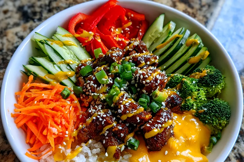 Chef cooking the teriyaki turkey and vegetables in a skillet for the Delicious Teriyaki Turkey Bowl.