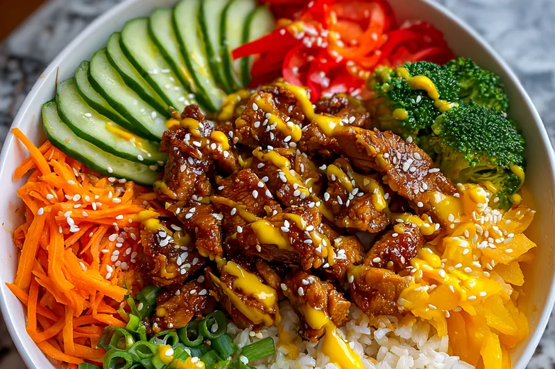 An assortment of fresh ingredients for Delicious Teriyaki Turkey Bowl including turkey, vegetables, and rice.