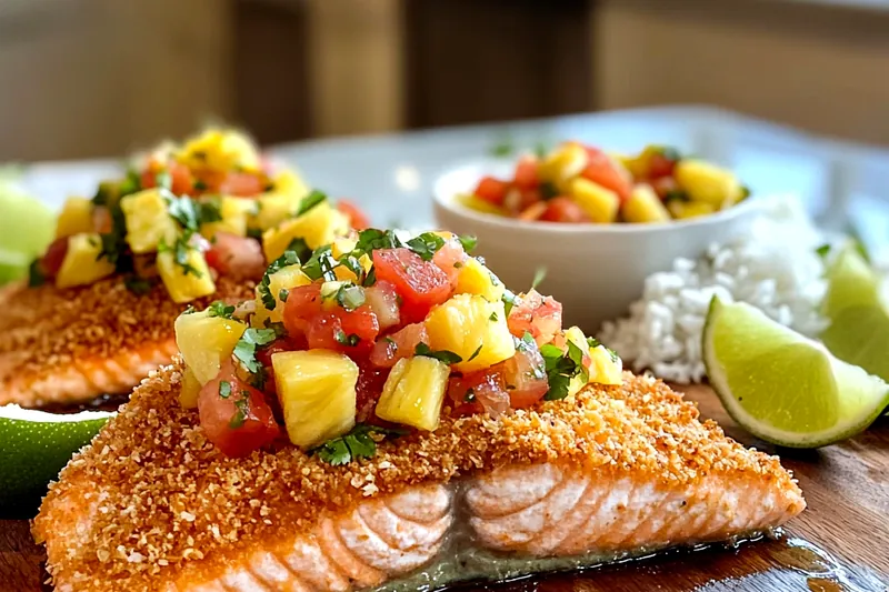 The cooking process of Coconut Crusted Salmon Delight, showcasing salmon fillets being prepared with coconut crust.