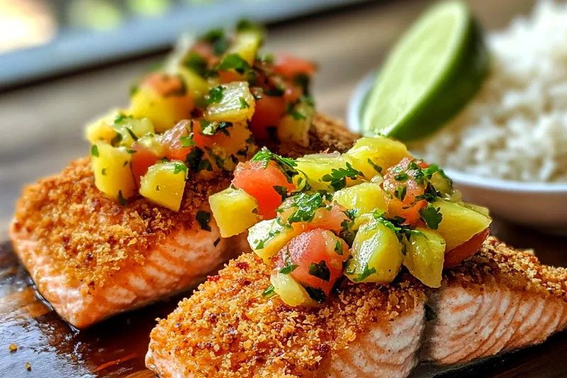 A selection of fresh ingredients for Coconut Crusted Salmon Delight, including salmon, coconut, and spices.