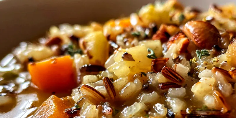 A bowl of Vegan Pumpkin Wild Rice Soup garnished with parsley and lemon wedges.
