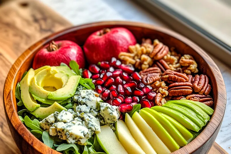 A vibrant assortment of ingredients for Festive Winter Salad Delight, including greens, pomegranate, and squash.