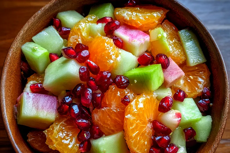 The preparation process of combining seasonal fruits for a vibrant salad.