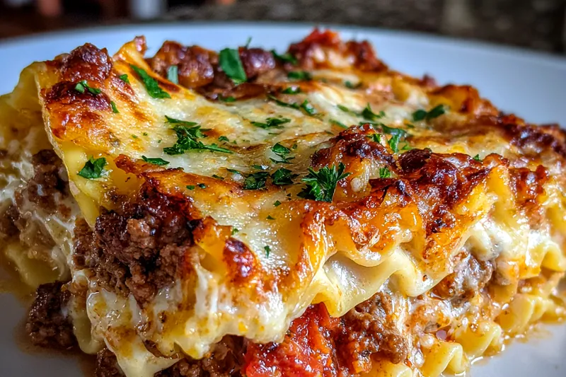 A skilled chef layering ingredients for Classic Hearty Lasagna in a baking dish.