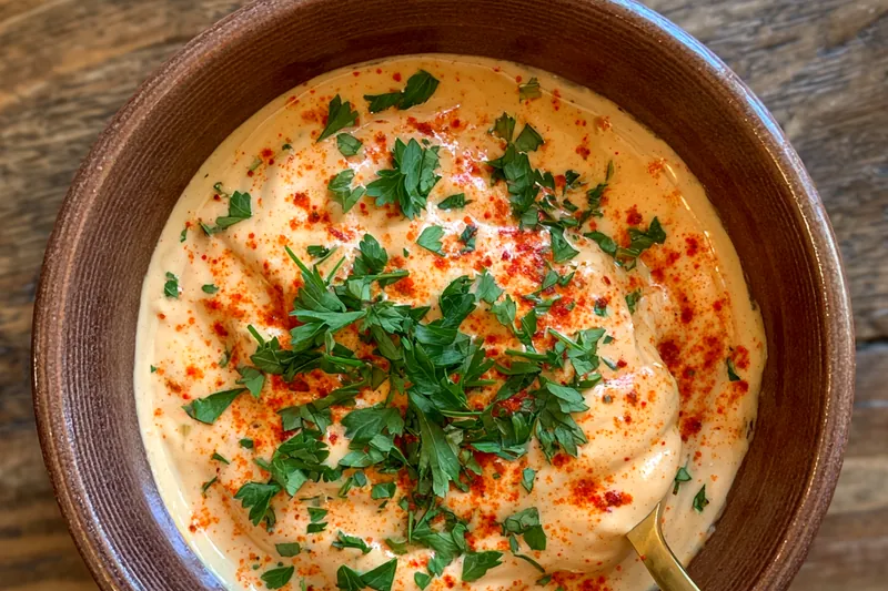 A beautiful display of Homemade Zesty Remoulade served in a bowl with fresh herbs.